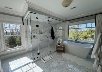 Luxury master bathroom with glass walk-in shower and soaking tub, bathroom remodeling Berlin CT
